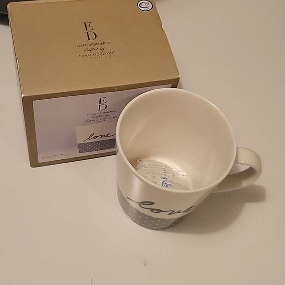 NEW gray dot LOVE coffee tea mug ELLEN DEGENERES by Royal Daulton in box NWT NIB - Picture 4 of 5